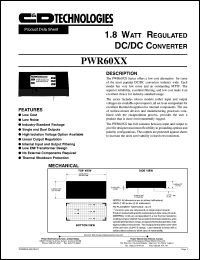 PWR6005 datasheet: 1.8 Watt regulated DC/DC converter. Nom.input voltage 5VDC, rated output voltage +-15VDC, rated output current +-60mA. PWR6005