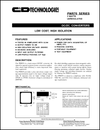 PWR70 datasheet: 3 watt unregulated DC/DC converter. Input voltage 15VDC, rated output voltage +-15VDC, rated output current +-15mA. PWR70