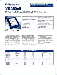 VKA50LS05 datasheet: 50 watt single output half brick DC/DC converter. Input voltage 24VDC, VOUT 5.0VDC, IOUT 10.0A. VKA50LS05