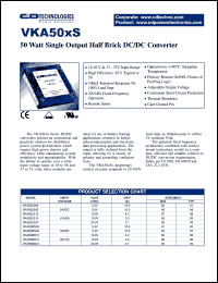 VKA50LS03-6 datasheet: 50 watt single output half brick DC/DC converter. Input voltage 24VDC, VOUT 3.3VDC, IOUT 10.0A. VKA50LS03-6