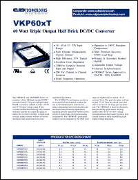 VKP60LT312 datasheet: 60 watt triple output half brick DC/DC converter. Input voltage 24VDC, VOUT(VDC): 3.3; 12; 12, IOUT(A): 18; 2.5; 2.5. VKP60LT312