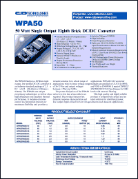 WPA50R48S012 datasheet: 50W single output eighth brick DC/DC converter. Nom.input voltage 48Vdc, rated output voltage 1.2Vdc. Output current: 0.0A(min load), 18A(rated load). WPA50R48S012