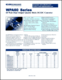 WPA60R48D1510-1 datasheet: 60W dual output quarter brick DC/DC converter. Nom.input voltage 48Vdc, output voltage: 1.0V(V1), 1.5(V2). Output current: 0.0A(min load), 12A(rated load). WPA60R48D1510-1