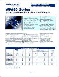 WPA60R48D1812-1 datasheet: 60W dual output quarter brick DC/DC converter. Nom.input voltage 48Vdc, output voltage: 1.2V(V1), 1.8(V2). Output current: 0.0A(min load), 12A(rated load). WPA60R48D1812-1