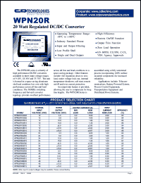 WPN20R12S12 datasheet: 20W regulated DC/DC converter. Nom.input voltage 12Vdc, rated output voltage 12.0Vdc. Output current(nom. load) 1.66A. WPN20R12S12