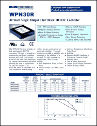 WPN30R48S03 datasheet: 30W single output half brick DC/DC converter. Nom.input voltage 48Vdc, rated output voltage 3.3Vdc. Output current(nom. load) 9.0A. WPN30R48S03