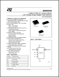 M29W040 datasheet: NND - 4 MBIT (512KB X8, UNIFORM BLOCK) LOW VOLTAGE SINGLE SUPPLY FLASH MEMORY M29W040