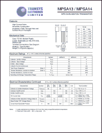 MPSA14 datasheet: 30 V, NPN darlington transistor MPSA14