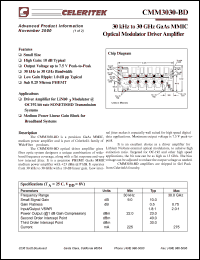 CMM3030-BD-0192 datasheet: 30 kHz to 30 GHz GaAs MMIC optical modulator driver amplifier CMM3030-BD-0192