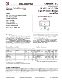 PB-CMM6001-SC datasheet: 60 MHz to 3.0 GHz high dynamic range amplifier PB-CMM6001-SC