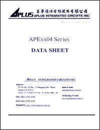 APE0504 datasheet: 16 K, Very low-cost voice and melody synthesizer with 4-bit CPU. 4-bit ALU, ROM, RAM , I/O ports, timers, clock generator, voice synthesizer. APE0504