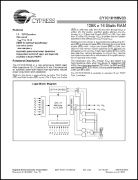 CY7C1011BV33-15ZI datasheet: 128K x 16 static RAM, 15ns CY7C1011BV33-15ZI