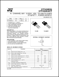 STP45NEO6 datasheet: N-CHANNEL 60V - 0.022 OMH - 45A - TO-220/TO-220FP STRIPFET POWER MOSFET STP45NEO6
