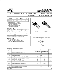 STP30NE06LFP datasheet: N-CHANNEL 60V - 0.035 OHM - 30A - TO-220/TO-220FP STRIPFET POWER MOSFET STP30NE06LFP