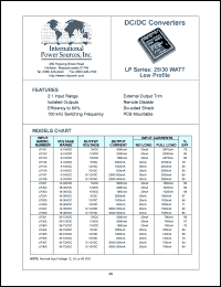 LP101 datasheet: Low profile DC/DC converter, 25/30 watt. Voltage range 9-18VDC. Output voltage 5VDC. Output current 5000mA. Input current 30mA(no load), 2670mA(full load). LP101