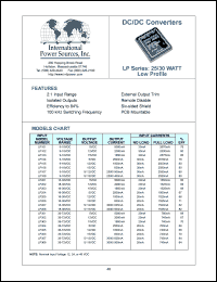 LP106 datasheet: Low profile DC/DC converter, 25/30 watt. Voltage range 9-18VDC. Output voltage +-15VDC. Output current +-830mA. Input current 30mA(no load), 2590mA(full load). LP106