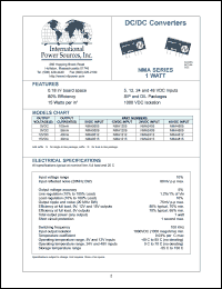 NMA05015S datasheet: DC/DC converter, 1 watt. Output voltage +-15VDC. Output current +-30mA. Imput 5VDC  . NMA05015S