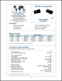 NMH0505D datasheet: DC/DC converter, 2 watt. Output voltage +-5VDC. Output current +-200mA. Input 5VDC  . NMH0505D