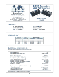NMS0505 datasheet: DC/DC converter, 2 watt. Output voltage +-5VDC. Output current +-200mA. Input 5VDC. NMS0505