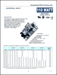PU110-10A datasheet: Switching power supply. Maximum output power 110W. Output #1: Vnom 5V, Imin 0A, Imax 22A. PU110-10A