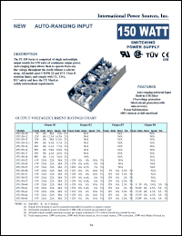 PU150-32 datasheet: Switching power supply, 150W. Output #1: Vnom +5V, Imin 2.0A, Imax 22A, Ipeak 30A. Output #2: Vnom +15V. Imin 0A, Imax 6.4A, Ipeak 8A. Output #3: Vnom -15V, Imin 0A, Imax 2A. PU150-32