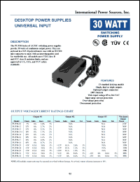 PUP30-13-1 datasheet: AC/DC switching power supplies, 30W. Output #1: Vnom 18V, Imin 0.0A, Imax 1.7A. PUP30-13-1