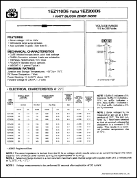 1EZ150D5 datasheet: 1 watt silicon zener diode. Nominal zener voltage 150V at 1.7mA. 1EZ150D5