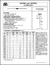 1N4730A datasheet: 1W zener diode. Zener voltage 3.9V. 1N4730A