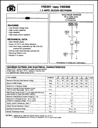 1N5391 datasheet: 1.5 A, silicon rectifier. Max recurrent peak reverse voltage 50 V, max RMS voltage 35 V, max D. C blocking voltage 50 V. 1N5391