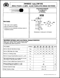 2W01G datasheet: Single phase 2.0 A glass passivated bridge rectifier. Max recurrent peak reverse voltage 100 V. 2W01G