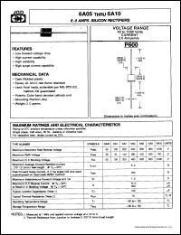 6A05 datasheet: 6.0 A silicon rectifier. Max recurrent peak reverse voltage 50 V. 6A05