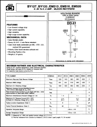 EM516 datasheet: 0.5 A silicon rectifier. Max recurrent peak reverse voltage 1800 V. EM516