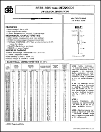 3EZ3.9D datasheet: 3 W, silicon zener diode. Nominal voltage 3.9V, current 192mA, +-20% tolerance. 3EZ3.9D