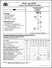 FR154 datasheet: 1.5A, fast recovery rectifier. Max recurrent peak reverse voltage 400V. FR154