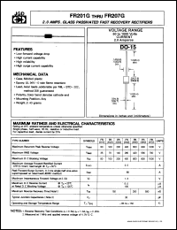 FR201G datasheet: 2.0A, glass passivated fast recovery rectifier. Max recurrent peak reverse voltage 50V. FR201G