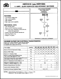 HER154G datasheet: 1.5 A, glass passivated high efficiency rectifier. Max recurrent peak reverse voltage 300V. HER154G