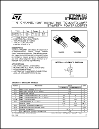 STP60NE10 datasheet: N-CHANNEL 100V - 0.016 OHM - 60A TO-220/TO-220FP STRIPFET POWER MOSFET STP60NE10