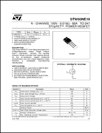 STW60NE10 datasheet: N-CHANNEL 100V - 0.016 OHM - 60A TO-247 STRIPFET POWER MOSFET STW60NE10