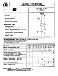 HER605 datasheet: 6.0 A, high efficiency rectifier. Max recurrent peak reverse voltage 400V. HER605