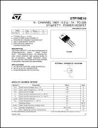 STP7NE10 datasheet: N-CHANNEL 100V - 0.3 OHM - 7A - TO-220 STRIPFET POWER MOSFET STP7NE10