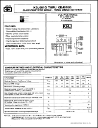 KBJ610G datasheet: Glass passivated single-phase bridge rectifier. Current 6.0 A. Max recurrent peak reverse voltage 1000V. KBJ610G