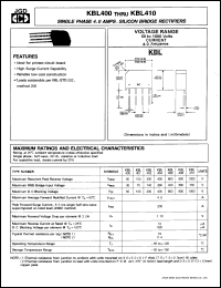 KBL401 datasheet: Single-phase 4.0 A silicon bridge rectifier. Max recurrent peak reverse voltage 100V. KBL401