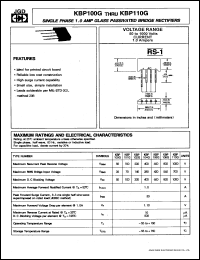 KBP100G datasheet: Single-phase 1.0 A glass passivated bridge rectifier. Max recurrent peak reverse voltage 50V. KBP100G