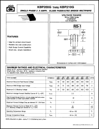 KBP201G datasheet: Single-phase 2.0 A glass passivated bridge rectifier. Max recurrent peak reverse voltage 100V. KBP201G