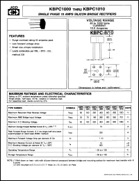 KBPC1000 datasheet: Single phase 10 A silicon bridge rectifier. Max recurrent peak reverse voltage 50V. KBPC1000