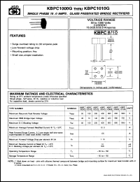 KBPC1001G datasheet: Single phase 10.0 A glass passivated bridge rectifier. Max recurrent peak reverse voltage 100V. KBPC1001G