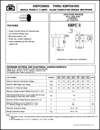 KBPC600G datasheet: Single phase 6.0 A glass passivated bridge rectifier. Max recurrent peak reverse voltage 50V. KBPC600G