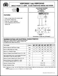 KBPC801G datasheet: Single phase 8.0 A glass passivated bridge rectifier. Max recurrent peak reverse voltage 100V. KBPC801G