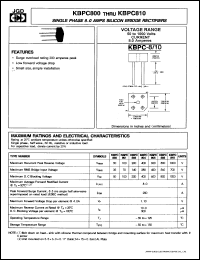 KBPC802 datasheet: Single phase 8.0 A silicon bridge rectifier. Max recurrent peak reverse voltage 200V. KBPC802