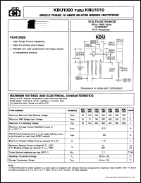 KBU1000 datasheet: Single phase 10.0 A silicon bridge rectifier. Max recurrent peak reverse voltage 50V. KBU1000